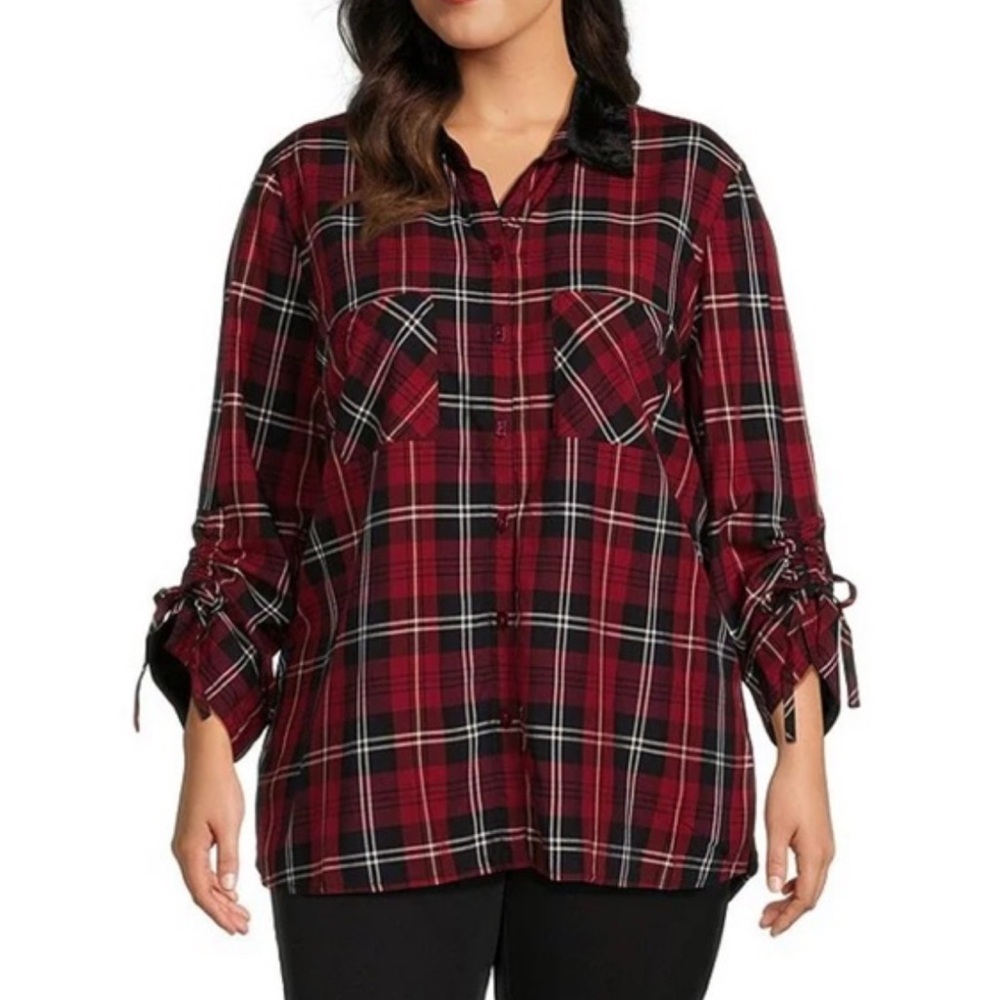 John Mark Plaid Velvet Collar 3/4 Cinched Tie Sleeve Button Front Tunic Sz L NWT